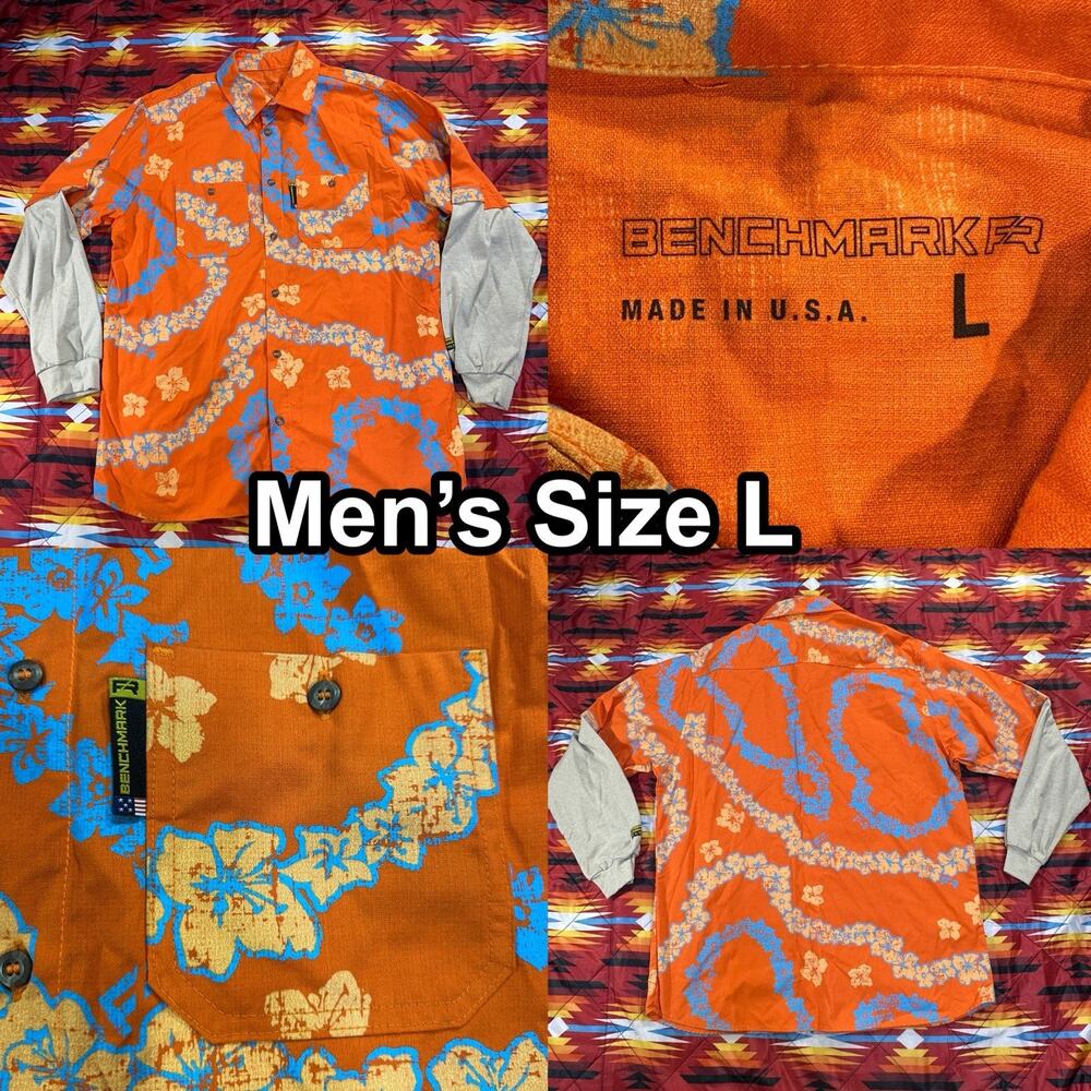 Benchmark FR Shirt Men’s L Orange Floral Long Sleeve Button Up FR Aloha Workwear